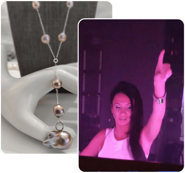 Necklace display and woman dancing energetically.