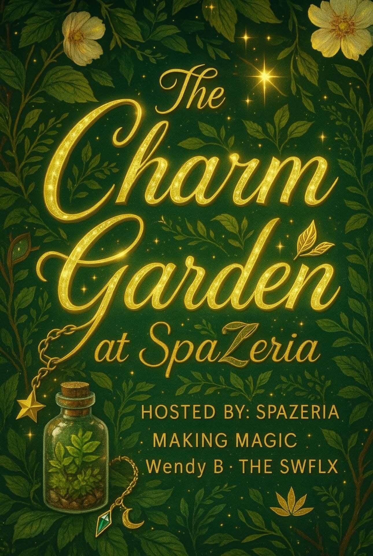 Elegant event poster for The Charm Garden at SpaZeria.